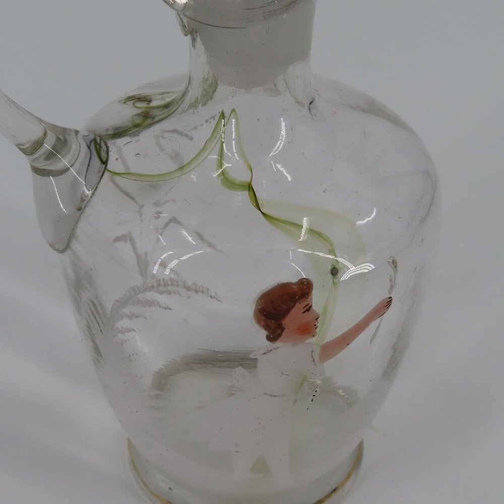 Antique Hand Blown Glass Vinegar Decanter Painted Angel Child Cruet Stopper VTG - Picture 2 of 14